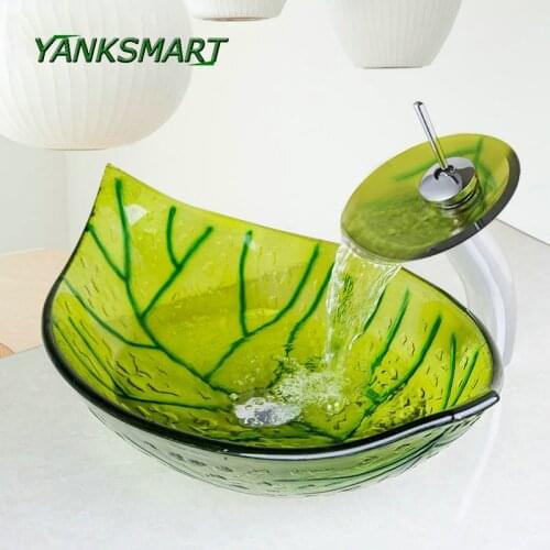 YANKSMART One Green Leaf Washbasin Tempered Glass Vessel Sink Lavabo Bathroom With Brass Waterfall Faucet Set Deck Mounted Tap