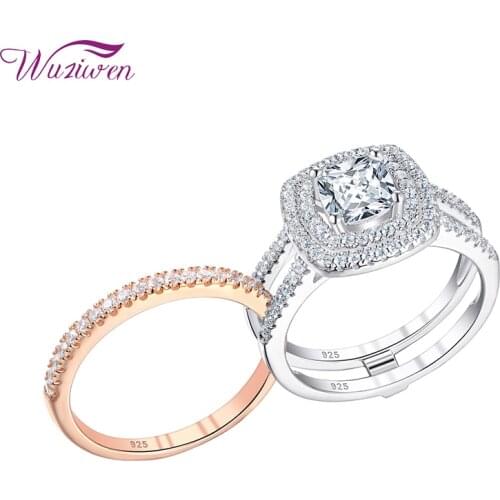 Wuziwen New Wedding Engagement Ring For Women Solid 925 Sterling Silver Rose Gold Halo Cushion Cut Bridal Set AAAAA Cubic Zircon