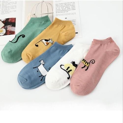 Yishine 5 Pairs New Women Cotton Ankle Socks Cute Cat Comfortable Fashion Funny Socks Casual Animal Cartoon Socks for Girls