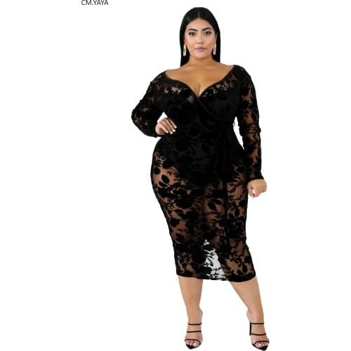 XL-6XL New Plus Size Autumn Winter Dress V Neck Full Sleeve Mesh See Through Print Mid Calf Dresses Sexy Night Club Party AJ4076