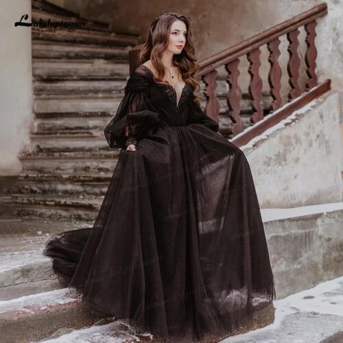 Fantasy Black Wedding Dresses with Long Sleeves Winter Solstice Elopement Gothic Bridal Gown for Halloween Witchy Vestido Novia