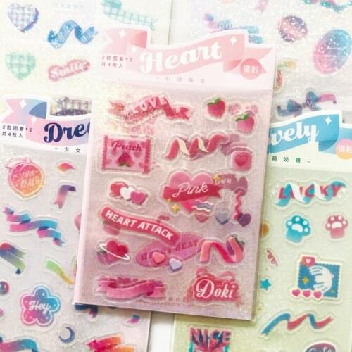 1 Bag ( 4 sheets ) Laser sticker Heartbeat Sweet Ribbon Glitter Hand Account Collage Decoration