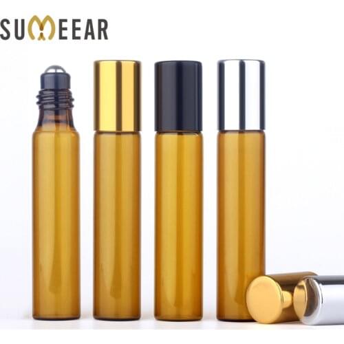 100 Pieces/Lot 10ML Portable Essential Oil Bottles Roller Amber Glass Bottle Refillable Perfume Bottle Travel Cosmetic Container