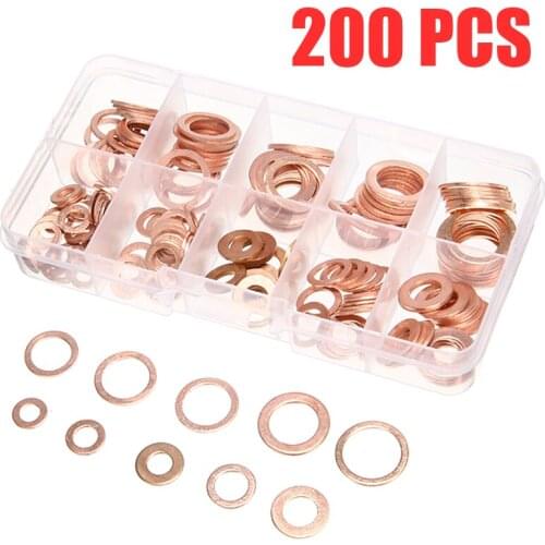 200pcs/set Mixed Size Solid Copper Washer Gasket Seal Flat Ring Fuel Hydraulic Fittings Set Accessories
