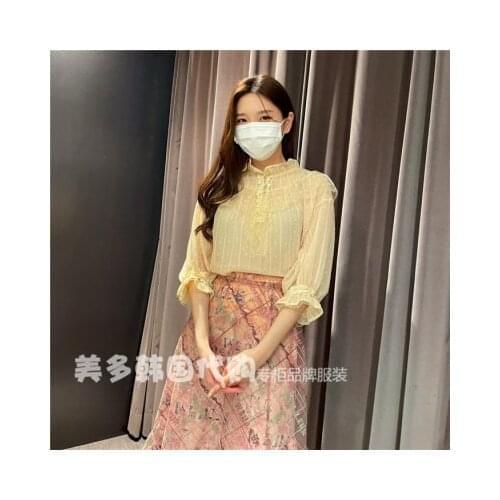 21 spring Korean mi * e lady flared sleeve splicing pleated shirt chiffon shirt with sling mn2b3-wbl841w