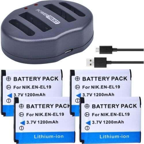 4Pcs 1200mAh EN-EL19 EN EL19 Battery + Dual USB Charger for Nikon S100 S2500 S2600 S3100 S6400 S4100 S4150 S3300 S4300 Camera