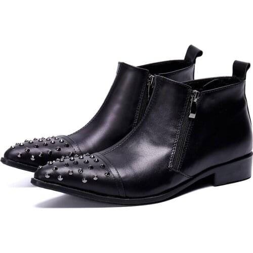 Christia Bella Fashion Pointed Toe Rivet Black Motorcycle Short Men Boots Genuine Leather Party Zipper Boots Men Business Shoes