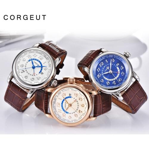 Corgeut Luxury Brand Mechanical Watch Leather Top Dual time zone GMT Automatic Men Watch Fashion Leather Mechanical Wrist Watch