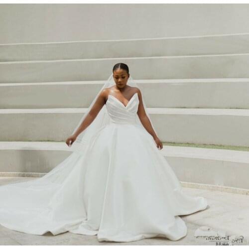 Elegant Long Satin V-Neck Sleeveless Wedding Dresses with Pockets Corset Back A-Line Robes De Mariée Bridal Gown For Women