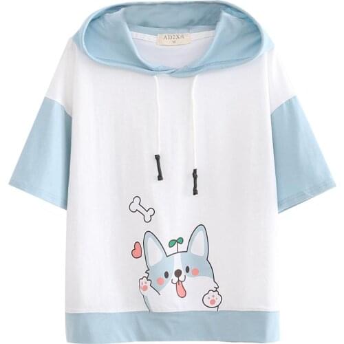 Harajuku Mori Girl Summer Comic Animal Kawaii Hooded T Shirt Teens Girl Cute Bone Dog Graphic Tees Women Sweet Shirt Tops Pink