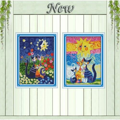 Cats under the sun cartoon animal painting counted print on canvas DMC 11CT 14CT kit DIY Cross Stitch embroidery needlework Sets