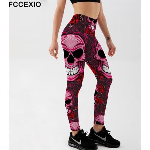 FCCEXIO Classic Skull Print Women High Waist Pants Fashion Plus Size Fitness Slim Soft Stretch Leggings Sexy Run Trousers