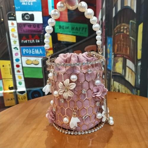 Rhinestone Evening Pearl Clutch Bag Women Flower Handmade Diamond Beaded Bucket Purses Handbag Bridal Wedding Party Prom