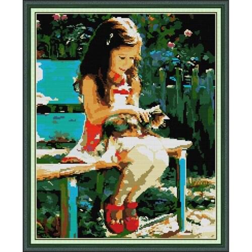 Everlasting Love Girl And Cat Chinese Cross Stitch Kits Ecological Cotton Stamped Printed 11 14CT DIY New Christmas Decorations