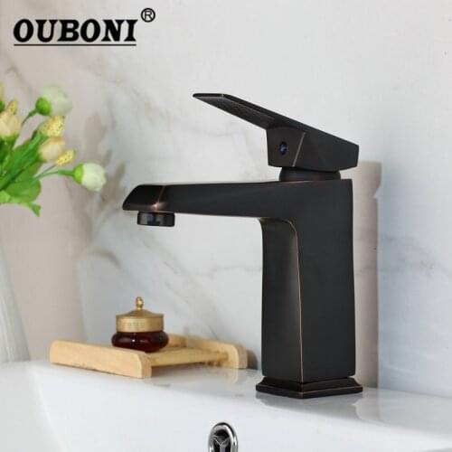 OUBONI NEW Black ORB Solid Brass Bathroom Tap Faucet Deck Mount Bathroom Water Basin Sink Single Handle Faucet Mixer Taps