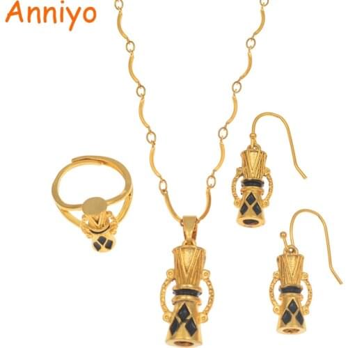 Anniyo Papua New Guinea Drum With Black Enamel Pendant Necklaces Earrings Free Size Ring Ethnic PNG Jewelry Sets #169206