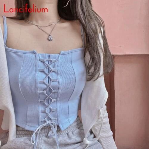 Sexy Y2k E Girl 2000s Aesthetic White Pink Bandage Corset Camisole Knit Cami Tank Tube Crop Top Baddie Summer Clothes Women 2021