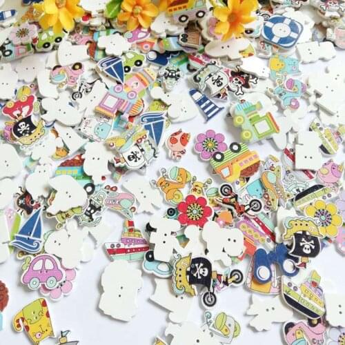 50pcs/lot Random Mixed 2 Holes Decorative Buttons Lovely cartoon Wood Buttons Scrapbooking Sewing/Crafts & Home Decoration