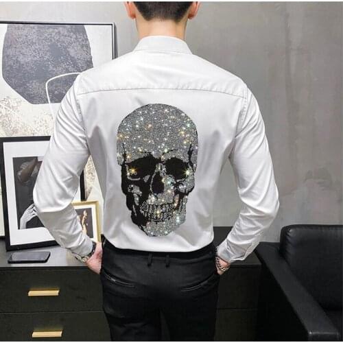 Shirt For Men Tuxedo Dance Work Casual Black Hot Diamond Skull Long Sleeve Lapel Blouse Party Business Male Tops M-4XL Size S981
