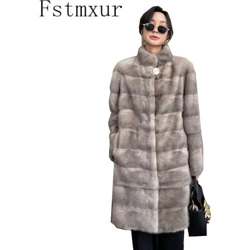 Fstmxur 2021 New Update Autumn And Winter Mink Fur Coat Womens Jacket Full Sleeve Mandarin Collar Natural Medium Mink Fur Coats