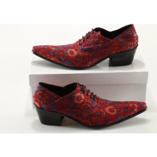 Mens shoes high heels Pointy red elegant floral wedding shoes male genuine leather dress formal office oxford zapatos hombre