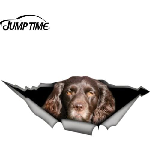Jump Time 13cm x 4.8cm Brown cocker spaniel Sticker Torn Metal Bumper Decal Funny Car Sticker Window Trunk Animal 3D Car Styling