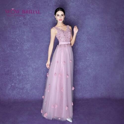 Wowbridal Dreamlike Purple Evening Dresses V-Neck Lace Up Beaded Backless Sheath Unique Appliqued A-Line Women Long Dresses