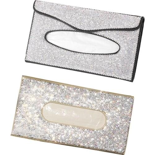ALLOYSEED Bling Crystal Diamond Car Tissue Box Diamond Car Sun Visor Hanging Holder Auto Interior Storage Napkin Case Decoration
