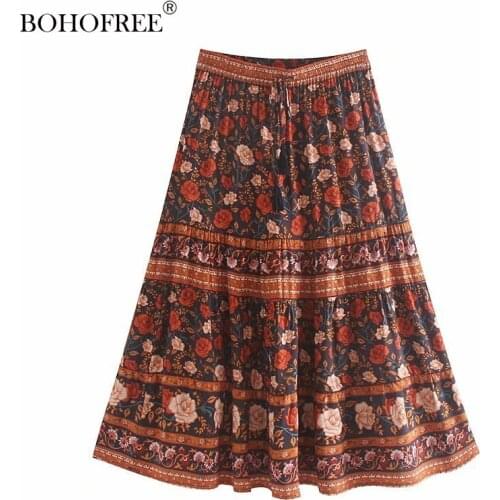 Cotton Rayon Floral Saia Elastic Waist Print Maxi Falda Casual Skirts Bohemain Women Hippie Skirts