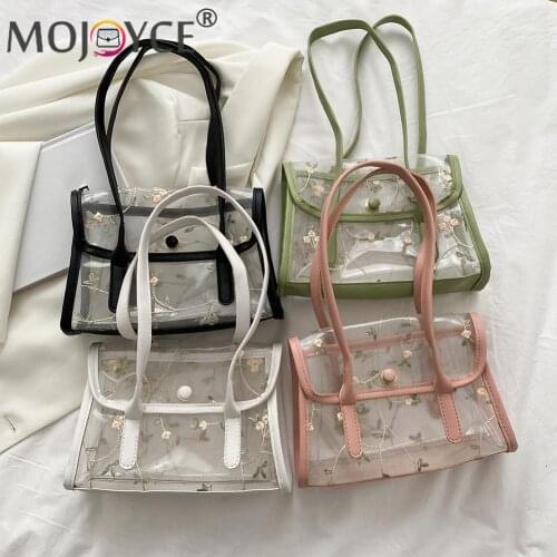 2021 New Summer Evening Bag Handbag Purse Transparent PVC Lace Floral Handbag Pure Color Tote Women Clutch Casual