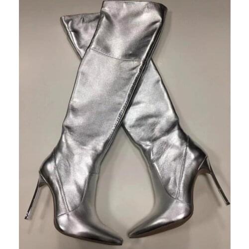 Europe&America women brand new high quality silver leather high-heeled Over-the-knee boots EU35-42 size BY766