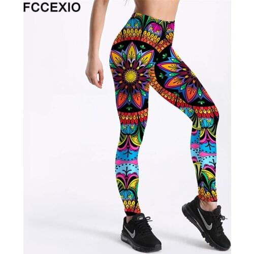 FCCEXIO New Women Workout Leggings High Waist Fitness Legging Colorful Mandala Floral Print Leggins Female Pants Leggins Mujer