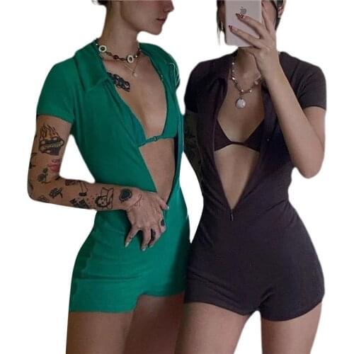 2 Piece Suit Set Women Solid Color Strappy Brassiere+ Turn-Down Collar Short Sleeve Slim Fit Playsuits Romper Short Pants Summer