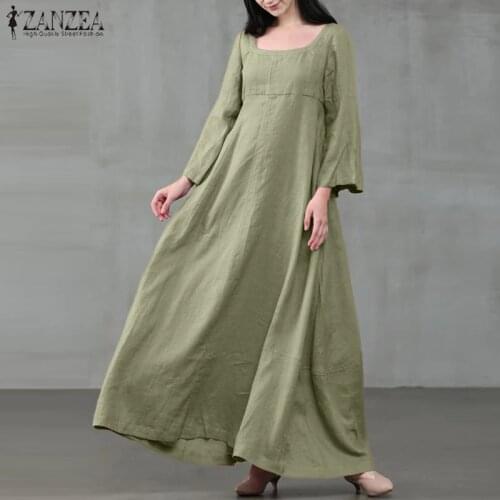 Retro Square Neck Maxi Dress Womens Autumn Sundress ZANZEA 2021 Casual Flare Sleeve Vestidos Female Solid Robe Oversized 5XL