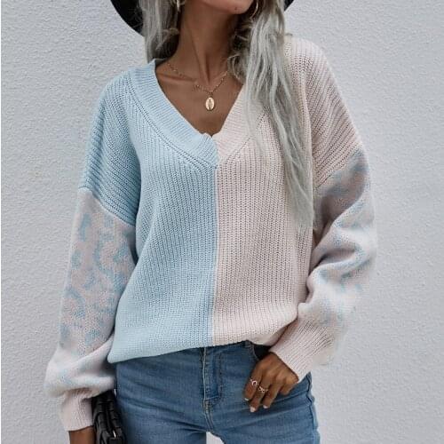 Women Clothing Sexy V-Neck Knitted Leopard Pullover Sweater Y2K 2021 Fall Winter Fashion Loose Oversized Harajuku Vintage Jumper