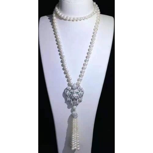 Womens fashion jewelry micro inlaid zircon lion accessories freshwater pearl necklace tassel pendant long sweater chain 90+15cm