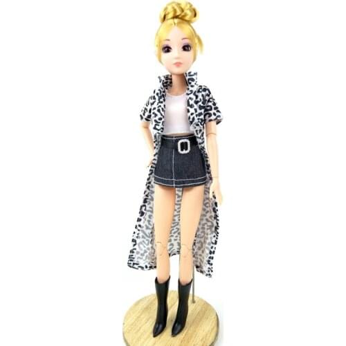 1/6 Doll Accessories For Barbie Doll 1set Clothes Leopard Long Coat & White Top Vest & Skirt Shoes Outfits For Barbie Dollhouse