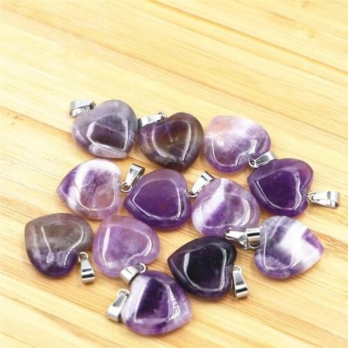 20pcs Womens Pendant Stainless Steel Necklace Natural Amethysts Love Heart Pendant Stone Bead Pendant Necklace Jewelry Charm
