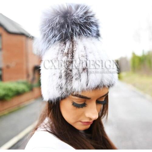 CX-C-16E Winter Warm Elastic Fox Fur Poms Cap Real Mink Fur Beanie Hats for Women