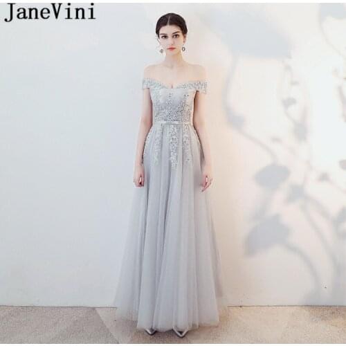 JaneVini Light Gray Long Women Wedding Party Dress Lace Appliques Sequined Pearls Formal Prom Bridesmaid Dresses Tulle Lace Up