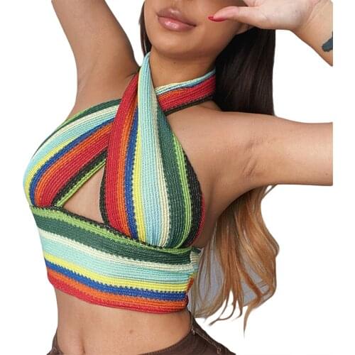 Women Summer Cross Halter Neck Crop Tops Fashion Match Color Stripes Sleeveless Backless Tank Tops for 90s Girls