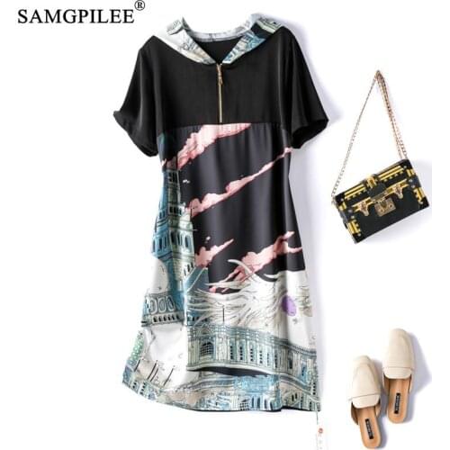 Summer Dress 2021 New Retro High Quality Hooded Color Zipper Comfortable Fabric Thin Short-sleeved Women Dresses Plus Size 4XL