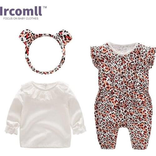 Fashion Ircomll Baby Girl Set Newborn Clothing Leopard Pprint Girls Clothes Sets TopS+Overalls+Headband Outfits Toddler Infant