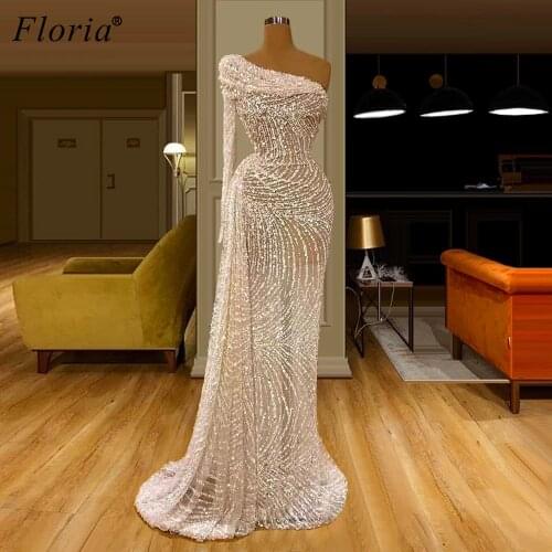 Muslim One Shoulder Sparkly Evening Dresses Long Dubai Glitter Robe De Soiree Arabic Prom Dress 2020 Women Party Gowns Vestidos
