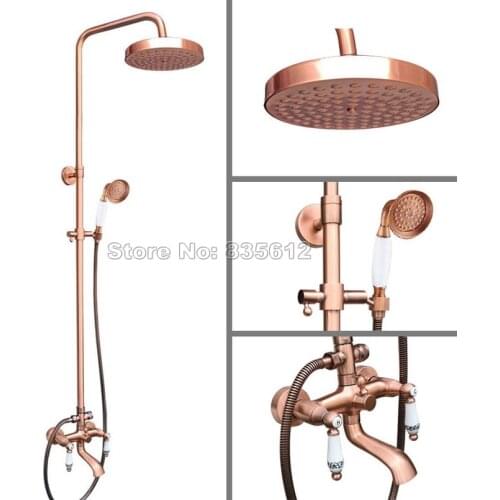 Wall Mounted Bathroom Dual Ceramic Handles Bathtub Mixer Tap Antique Red Copper Rain Shower Faucet Set with Hand Spray Wrg545