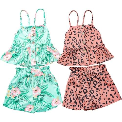 2021 New Toddler Girls Summer Clothes Set Kids Baby Floral/Leopard Print Sleeveless Tank Tops+Shorts Set Cute Summer Outfits