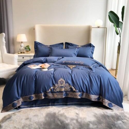 Luxury Style Blue Embroidery 100S Egyptian Cotton Duvet Cover Bed Linen Fitted Sheet Pillowcases Bedclothes King Queen Size