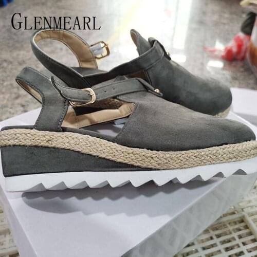 Summer Sandals Women Thick Wedge Shoes Size 43 Woman Buckle Strap Straw Bottom Platform Sexy Lady Sandals Flock Female Shoes
