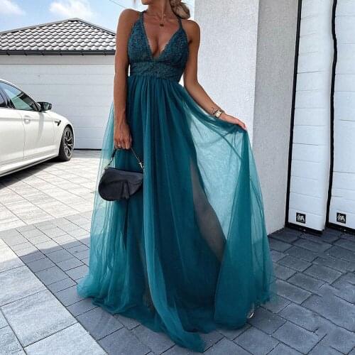 YiYiMiYu Sexy Deep VNeck Solid Embroidery Wrap Party Dress Elegant Off Shoulder Sleeveless Long Dress Women Mesh Lace Maxi Dress