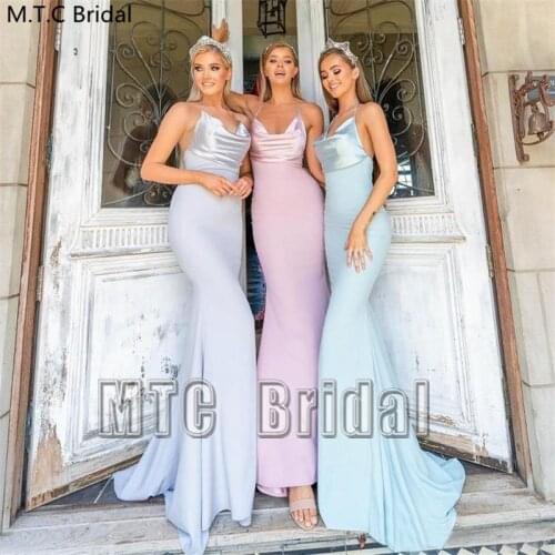 Sexy Backless Mermaid Long Bridesmaid Dresses Spaghetti Straps Elastic Satin Plus Size Maid Of Honor Wedding Party Dress Cheap